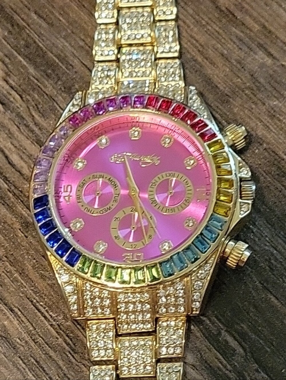 Ed Hardy Gold-Tone Watch with Pink Dial and Rainbow Crystal Bezel